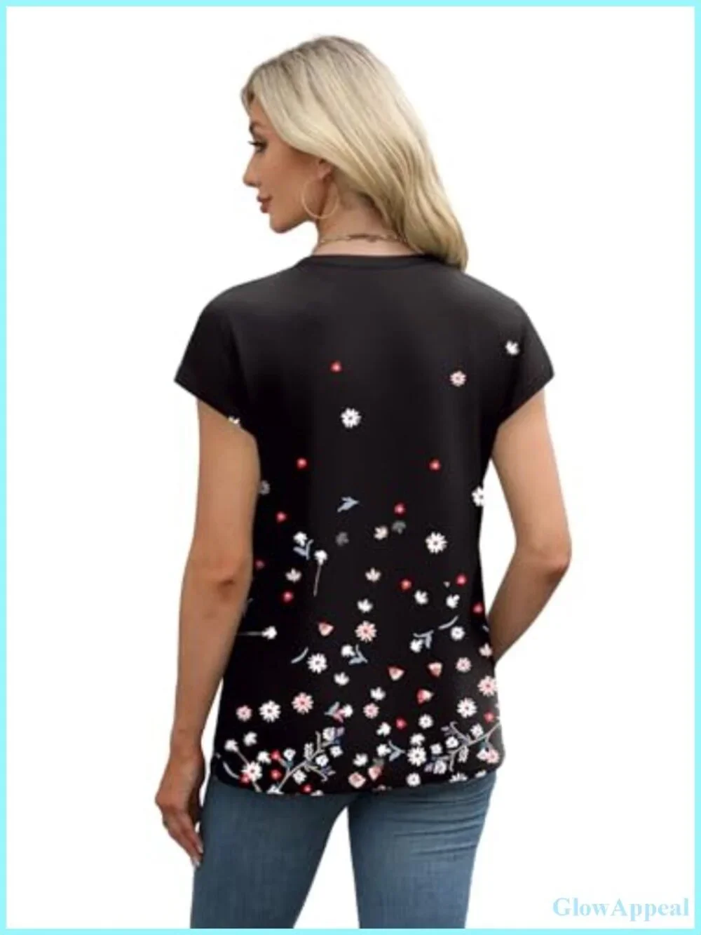 Womens V Neck Cap Sleeve Loose Fit Tee Shirt Eyelet Printed Summer Top